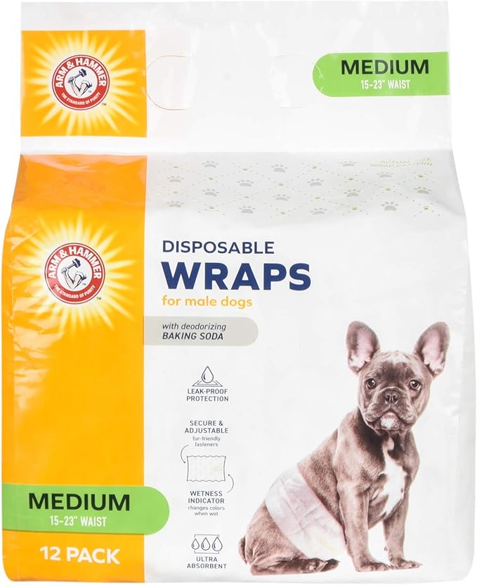 Arm & Hammer Medium Male Dog Wraps, Disposable Belly Band Diapers with Baking Soda Odor Control, Super Absorbent Leak Resistant Design for Marking and Incontinence, 15-23 Inch Waist, 12 Ct - 6 Pack