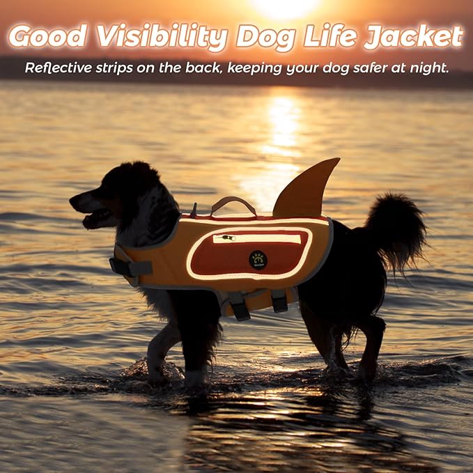 Dog Life Jacket, High Buoyancy Shark Dog Safety Vest, Neoprene Pet Life Preserver with Good Visibility & Reflective, Puppy Swim Floating Vest with Rescue Handle for Boating (Orange, Small)