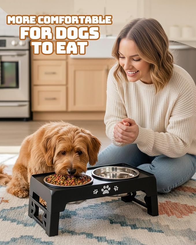 Elevated Dog Bowls for Small Dogs and Cats, Non-Slip Cat Bowls with 2 Thick 5.5" Stainless Steel Dishes, Dog Feeder 2 Heights Adjustable to 2.6"-5.3"