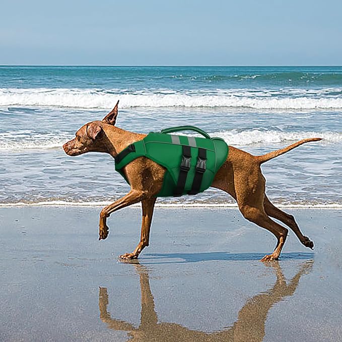 Kuoser Dog Life Jacket Large, High Flotation Dog Life Vest for Swimming Boating, Reflective Dog Swimming Vest Pet Life Preserver with Rescue Handle, Green L