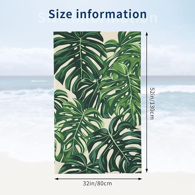 Monstera Leaf Beach Towel 31inx51in, Plant Sand-Free Microfiber Bath Towel Ultra Soft Quick Dry Pool Towel Absorbent Towel Lightweight Towel for Swimming Bathroom Decor