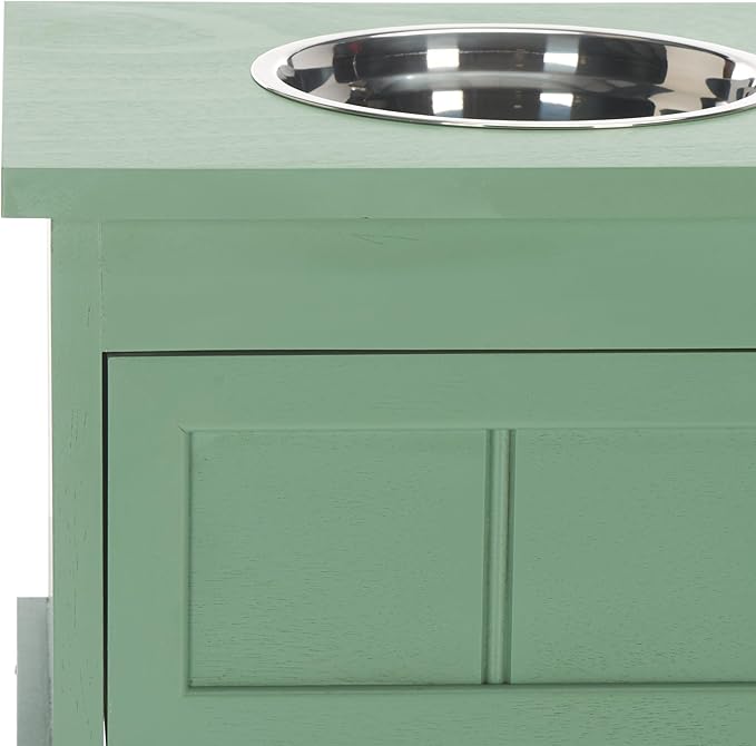 SAFAVIEH Home Collection Boomer Sage Green Elevated Pet Feeder Dog Bowl Stand with Drawer (Fully Assembled)