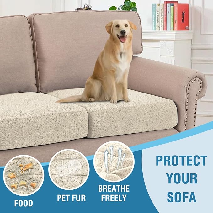 H.VERSAILTEX Jacquard Couch Cushion Covers High Stretch Sofa Covers for 3 Cushion Couch Furniture Protector Spandex Anti-Slip Soft Thickened Slipcovers Damask Pattern(3 Seat Covers, Ivory)