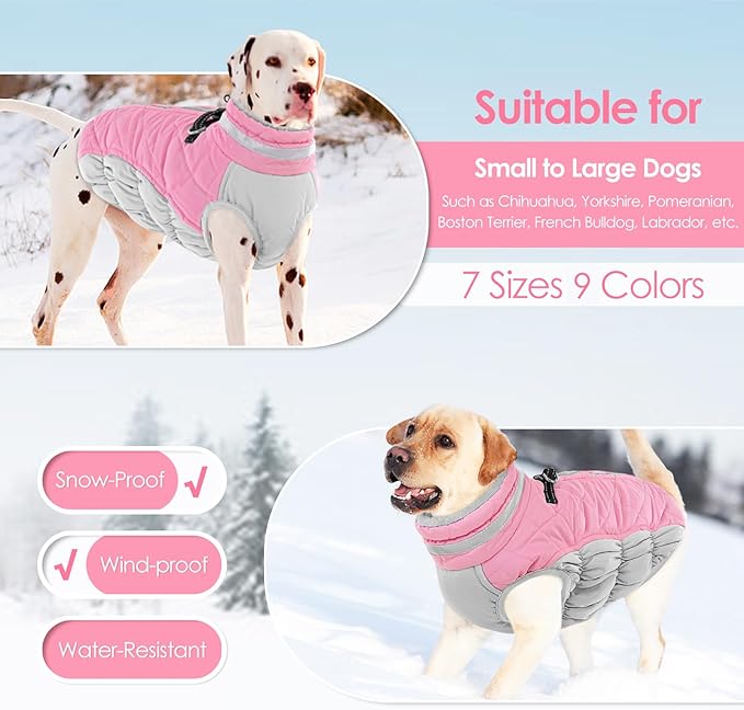 AOFITEE Dog Coat, Warm Dog Winter Coat, Reflective Turtleneck Large Dogs Jacket with Harness Built in, Turtleneck Pet Winter Jacket, Waterproof Pet Snow Jackets Fleece Vest, Pink XL