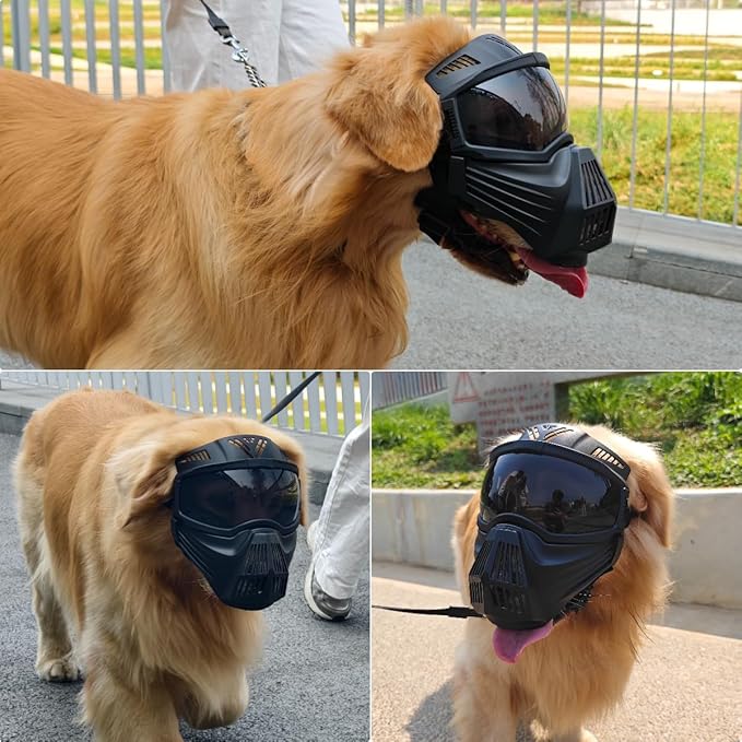 PETLESO Dog Goggles Large Breed, Anti-UV Dog Sunglasses for Full Face Protection, Pet Mask with Breathable Holes for Outdoor Camping Hiking Hunting, Adjustable, Black