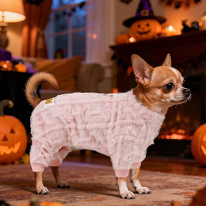 Plush Dog Pajamas for for Small Dogs Cats, Dog Sweater with Leash Ring Ultra Soft Warm Pet Clothes Puppy Onesie Outfits Doggy Pjs Jumpsuit for Winter Christmas (Pink, Medium)