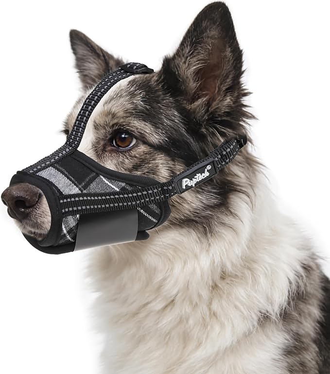 PUPTECK Dog Muzzle, Soft Adjustable Loop Reflective Pets Muzzle Prevent Biting Barking Chewing, Breathable Muzzle with Air Mesh Dog Mouth Guard Drinkable for Large Medium Small Sized, Black Plaid, L