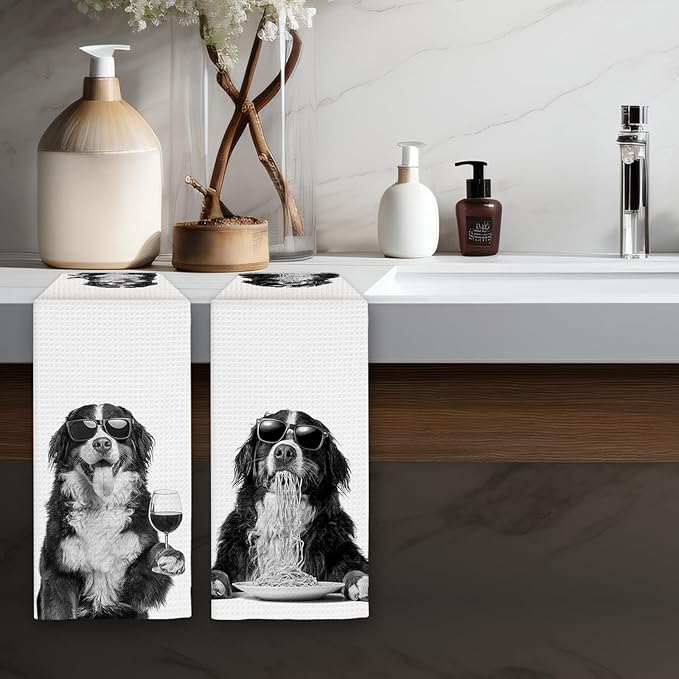 Bernese Mountain Dog Gifts Wine Kitchen Towels Set of 2, Funny Bernese Mountain Dog Eating Pasta Decorative Hand Dish Towel for Kitchen Home Bar, Gift for Wine Lovers Home Bar Decor(16x24Inch)