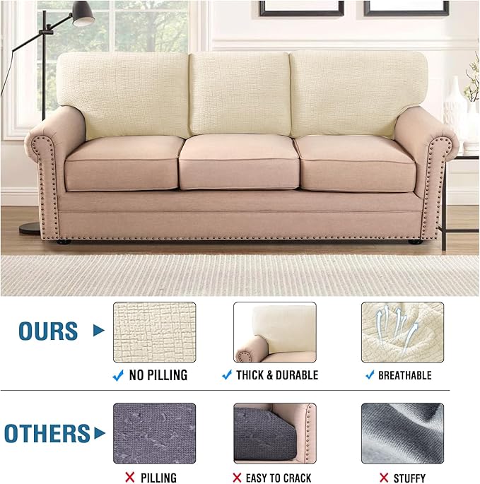 H.VERSAILTEX Jacquard Couch Cushion Covers High Stretch Sofa Covers for 3 Cushion Couch Furniture Protector Spandex Anti-Slip Soft Thickened Slipcovers Crizzle Pattern(3 Back Covers, Ivory)