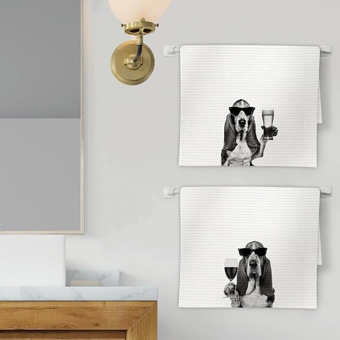 Gifts for Basset Hound Dog Wine Lovers Kitchen Towels Set of 2, Basset Hound Gifts Wine Decorative Hand Dish Towel for Kitchen Home Bar, Funny Dog Beer Lover Home Bar Cart Decor(16x24 Inch)