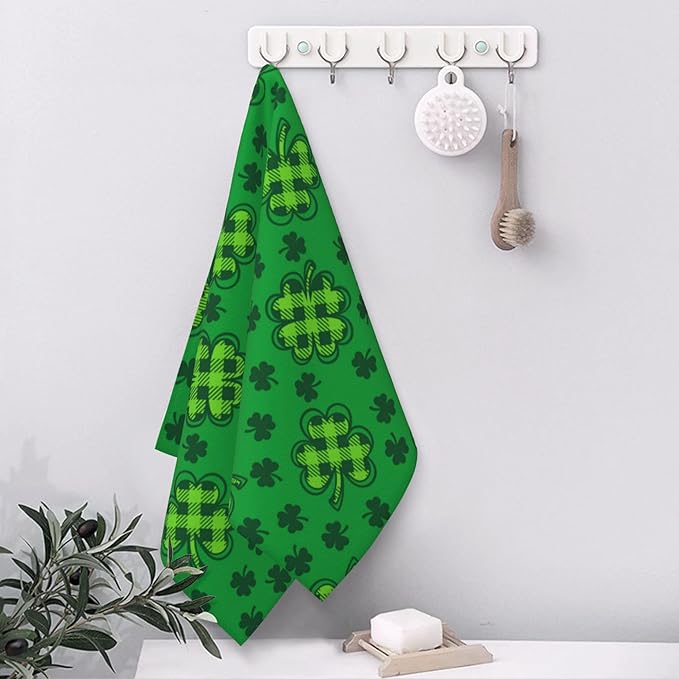 St.Patrick's Day Hand Towel,Lucky Clover Hand Bath Towels Set of 2 Dish Towels Soft Absorbent Decorative Hand Towels for Bathroom Kitchen Yoga Home Decor 14 x 28 in