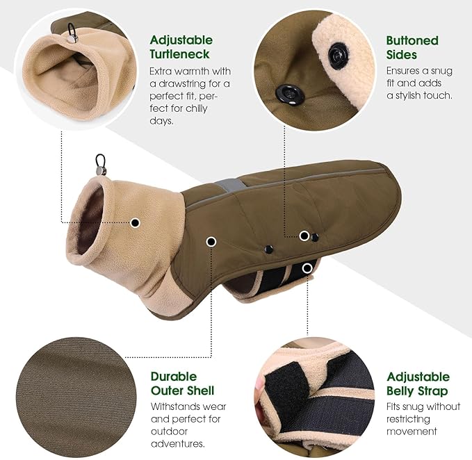 ASENKU Dog Coat, Dog Winter Jackets with Fleece Turtleneck, Windproof, Reflective Pet Snow Jacket for Cold Weather, Coats for Large Size Dogs Army Green, XXL