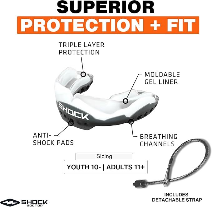 Shock Doctor Ultra 2 STC Mouth Guard w/Detachable Strap for Football Helmet, Custom Fit - Youth & Adult – Superior Protection and Low Profile Fit