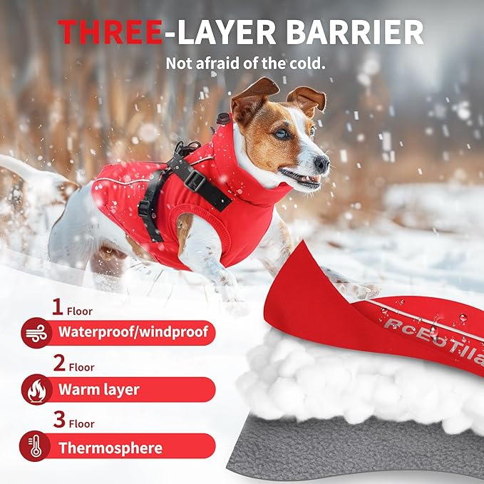 Dog Winter Coat Reflective Water-Resistant Jacket, Fleece Lined Windproof Puppy Coat with Back Zipper & D-Ring, Cold Weather Dog Coats for Small Medium Dogs (M, Red)