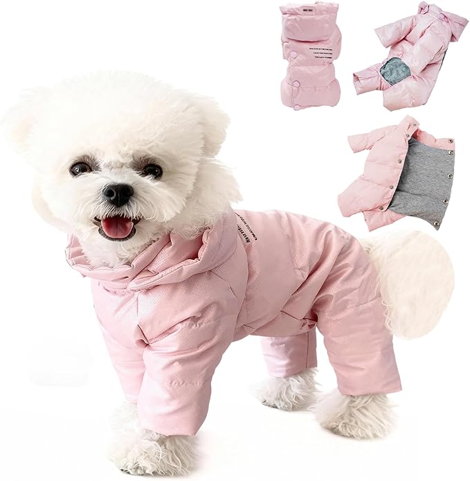 White Duck Down Dog Coat - 4-Leg Coverage, Waterproof Windproof Warm Winter Snowsuit, Cotton Anti-Static Lining, Built-in Harness Hole for Small/Medium Dogs,Size 16(XXL) Pink