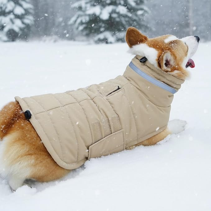 Mklhgty Waterproof Dog Coat for Large Dogs, Warm Dog Winter Jacket, Reflective Windproof Turtleneck Coats with Adjustable Hook & Loop - Khaki - XL
