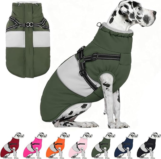 AOFITEE Dog Coat, Large Dog Jacket, Dogs Coat with Harness Built in, Reflective Waterproof Dogs Jackets Winter with Furry Collar, Warm Polar Fleece Pet Sweater Snowsuit for Doberman, Great Dane XXXL