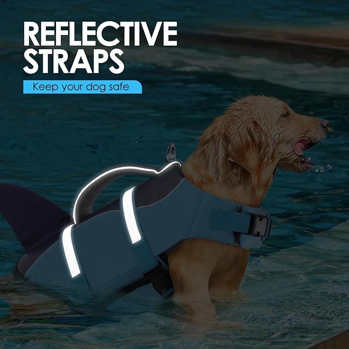 AOFITEE Dog Life Jacket, Dog Life Vest for Swimming, Shark Dogs Swimming Vest with Rescue Handle and Reflective Stripe, Ripstop Pet Float Coat Swimsuit Lifesaver Small Medium Large Dogs Blue S