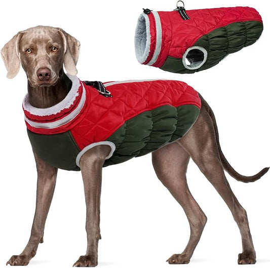 FUAMEY Dog Coat for Large Dogs,Waterproof Dog Winter Jacket with Harness Built in Puppy Cold Weather Coats Reflective Pet Vest with Zipper Warm Fleece Dogs Snowsuit Windproof XL