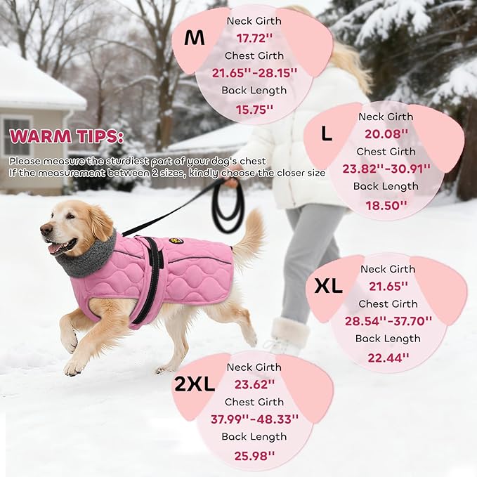 Dog Winter Coat, Adjustable Quilted Dog Snow Jacket with Fleece Lining, Water Resistant Pet Apparel for Cold Weather, Warm Large Doggie Coat with Leash Hole and Reflective Strip, NewPink L