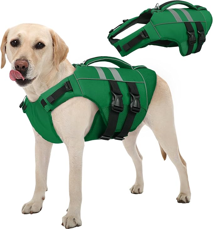 Kuoser XL Dog Life Jacket, Large High Flotation Dog Life Vest for Swimming Boating, Reflective Dog Swimming Vest Pet Life Preserver with Rescue Handle, Green XL