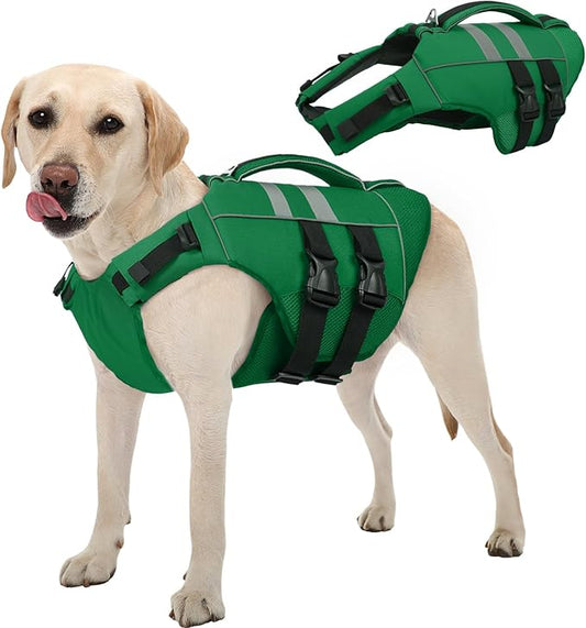 Kuoser XL Dog Life Jacket, Large High Flotation Dog Life Vest for Swimming Boating, Reflective Dog Swimming Vest Pet Life Preserver with Rescue Handle, Green XL