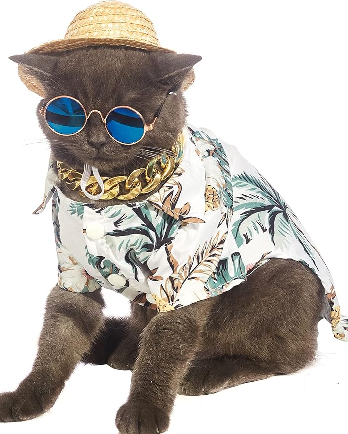 Hawaiian Dog T Shirts Pet Summer Clothes Cat Sunglasses Funny Straw Hat Kitten Costumes with Gold Chain Collar (Medium,White)