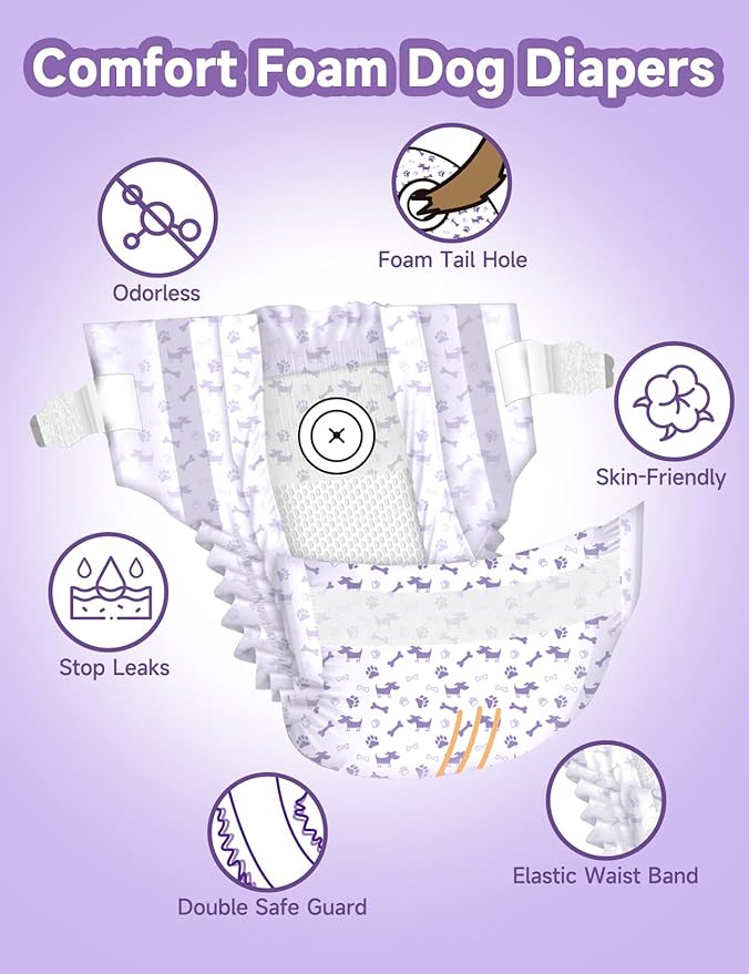 MICOOYO Disposable Dog Diapers Female, Doggie Diapers for Dogs Female, Super Absorbent Pet Diaper with Foam Tail Hole for Heat, Comfortable Puppy Diaper (50Count, X-Small)