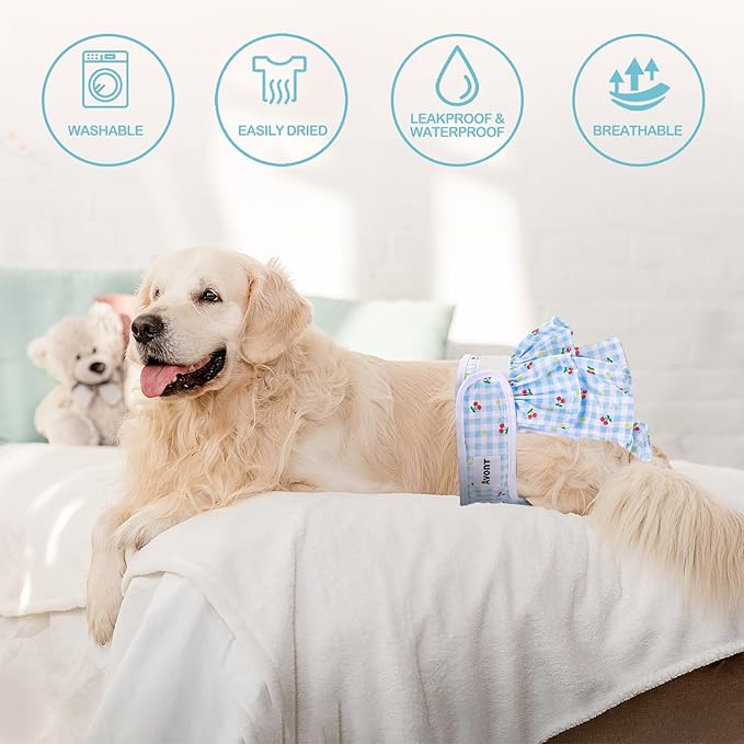 Avont 3 Pack Washable Female Dog Diapers, Reusable Period Diapers Cover for Girl Doggies Heat Cycle, Incontinence -Strawberry/Orange/Cherry(L)