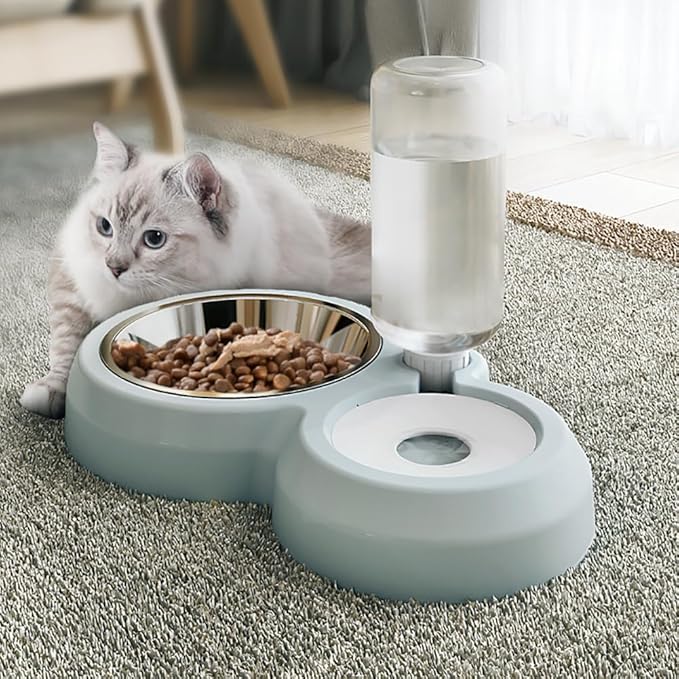 Dog Bowls, Puppy Cat Food and Water Bowl Set with Water Dispenser and Stainless Steel Bowl Non-Slip Mat, Detachable Gravity Pet Feeder and Waterer Set for Cats Dogs Puppy Rabbit (Pink)