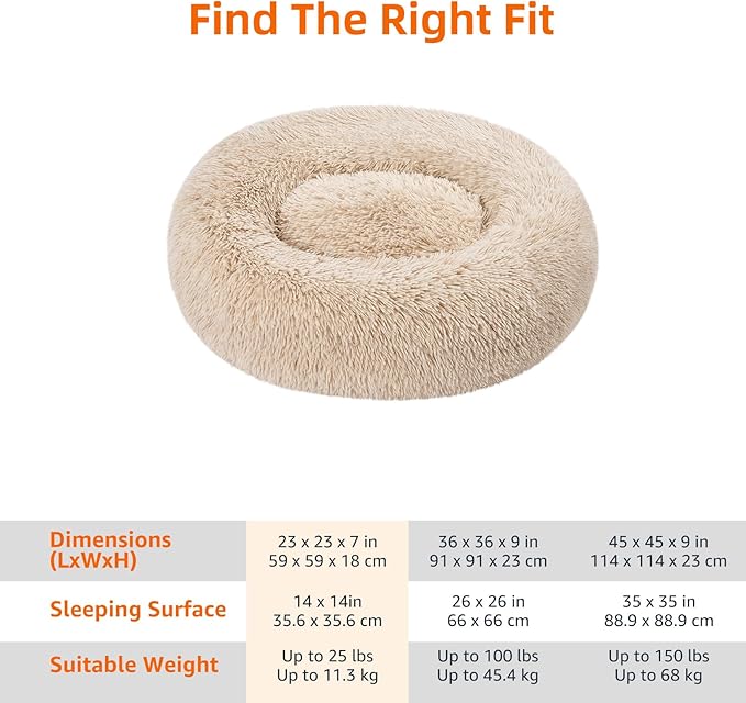 Amazon Basics Washable Donut Pet Bolster Faux Fur Bed with Removable Cover, Anti-Slip Bottom for Dog, Beige, 23" x 23"