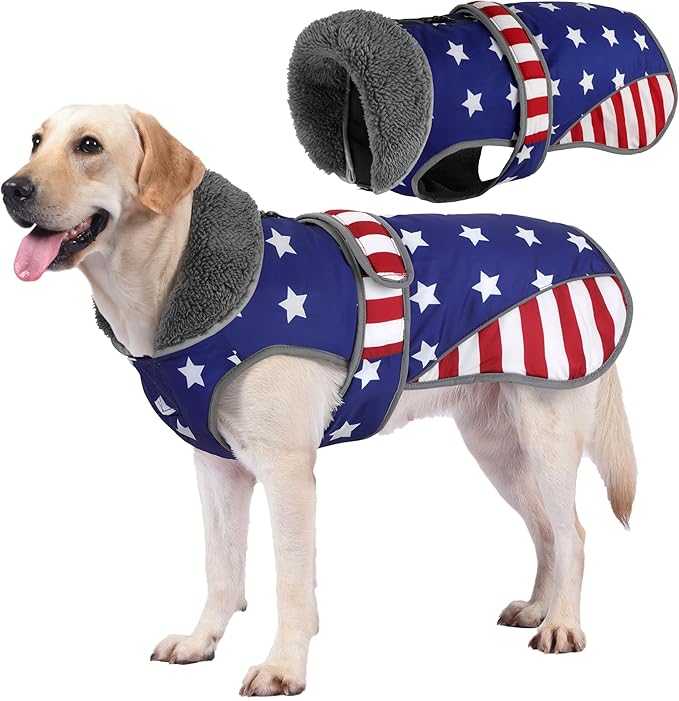 Dogcheer Dog Coat, American Flag Dog Jacket Waterproof Puppy Winter Coat for Cold Weather, Reflective Adjustable Pet Snow Jacket Fleece Sweater for Small Medium Large Dogs - USA Flag, 2XL