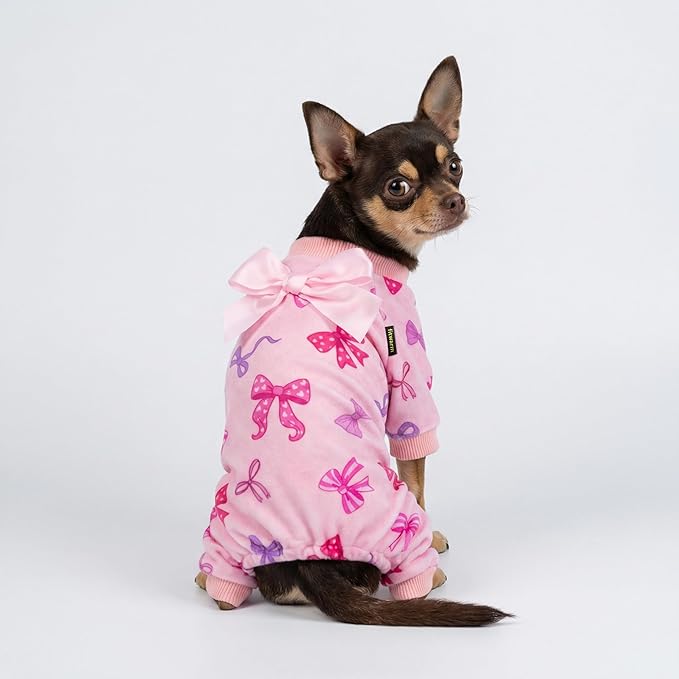 Fitwarm Bowknot Dog Flecce Pajamas, Cozy Valentines Day Outfit for Small Dogs Girl, Cute Pet Clothes, Pink, Red, Purple, XS