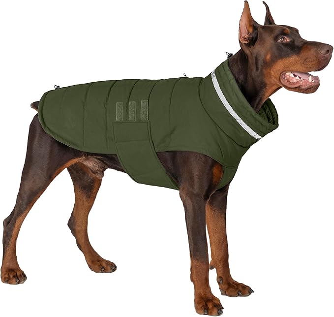 Mklhgty Waterproof Dog Coat for Large Dogs, Warm Dog Winter Jacket, Reflective Windproof Turtleneck Coats with Adjustable Hook & Loop - Green - XL