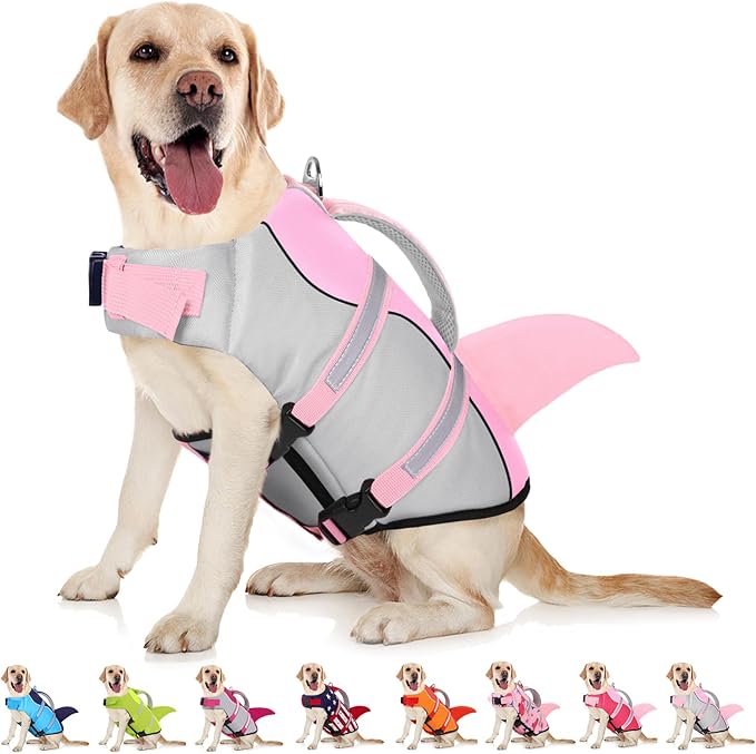 AOFITEE Dog Life Jacket, Dog Life Vest for Swimming, Shark Dogs Swimming Vest with Rescue Handle and Reflective Stripe, Ripstop Pet Float Coat Swimsuit Lifesaver Small Medium Large Dogs Pink XS