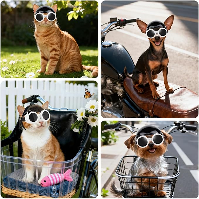 Extra Small Dog Helmet with Cute Dog Goggles, Protects Eyes & Head from Impact, Ideal for Puppy Riding/Outdoor Activities/Halloween Cosplay, White