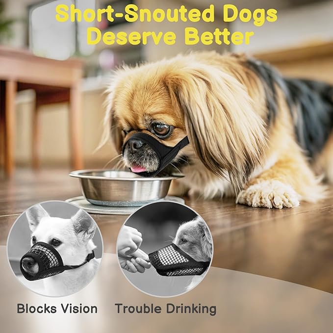 Mayerzon Short Snout Dog Muzzle for Small Medium Dogs, Soft & Sturdy Fabric, Anti Excessive Biting Chewing, Suits Schnauzer Bully Boxer Puppy for Grooming Vet Visits Walk, Allows Drinking(Black, M)