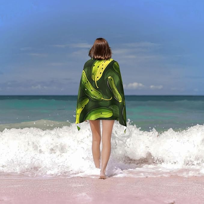 Pickle Beach Towel 31inx51in, Green Sand-Free Microfiber Bath Towel Ultra Soft Quick Dry Pool Towel Absorbent Towel Lightweight Towel for Swimming Bathroom Decor