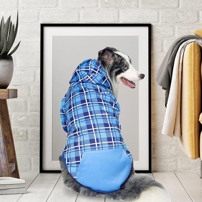 EXPAWLORER Plaid Dog Hoodie - British Style Warm Dog Sweater Shirt with Leash Hole,Pitbull Clothes Outfits,Winter Coat Apparel for All Breeds Puppy Girl Boy-Cat Apparel,Blue X-Large