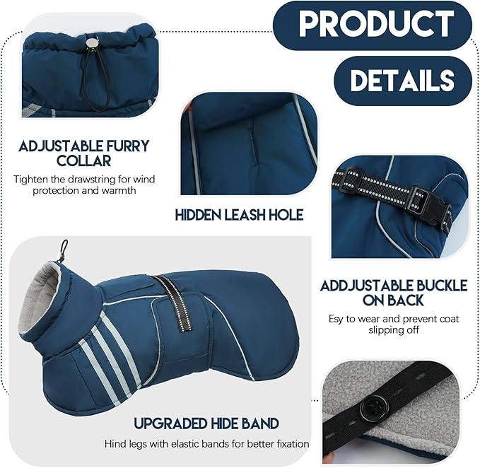 Warm Reflective Adjustable Dog Jacket, Furry Turtleneck Winter Coat Thicken Fleece Vest, Waterproof Windproof Cold Weather Coats with Buckle for Puppy Small Medium Large Dog