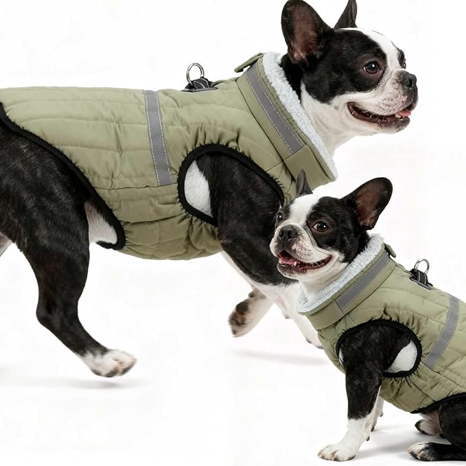 EXPAWLORER Dog Winter Coat Jacket, Thick Warm Waterproof Reflective Puppy Snowsuit with Harness Buit in, Pet Fleece Vest Soft Turtleneck with Zipper Cold Weather for Small Medium Dogs - Green, M
