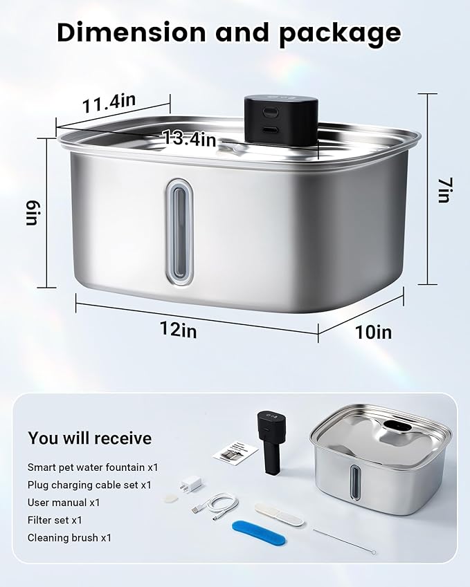 Dog Water Bowl Dispenser Large, 10L/ 338Oz Smart Dog Water Fountain Stainless Steel with APP Monitoring, Automatic Cat Water Fountain for Mutil-Pets Large Dogs 2.64Gal, 3 Fountain Modes 2.4G Wi-Fi