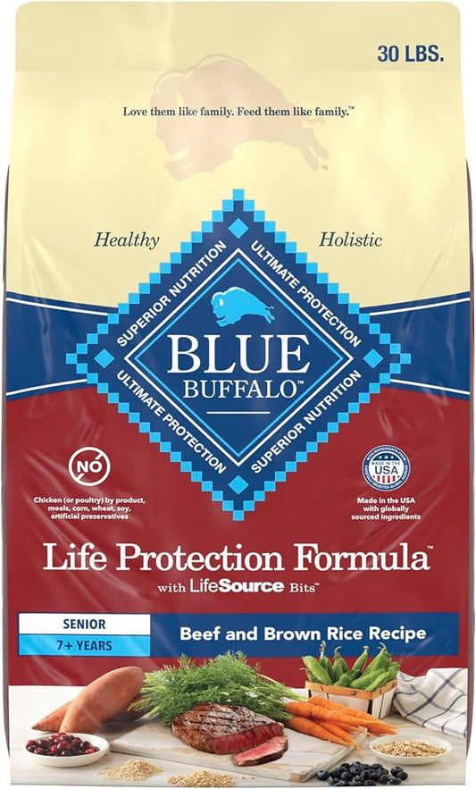 Blue Buffalo Life Protection Formula with LifeSource Bits, Senior 7+ Dry Dog Food, Beef and Brown Rice Recipe, Natural Food for Dogs, 30 lb. Bag