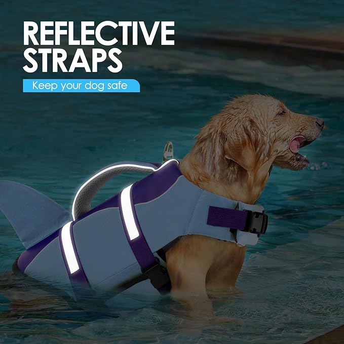 AOFITEE Dog Life Jacket, Dog Life Vest for Swimming, Shark Dogs Swimming Vest with Rescue Handle and Reflective Stripe, Ripstop Pet Float Coat Swimsuit Lifesaver Small Medium Large Dogs Purple XL