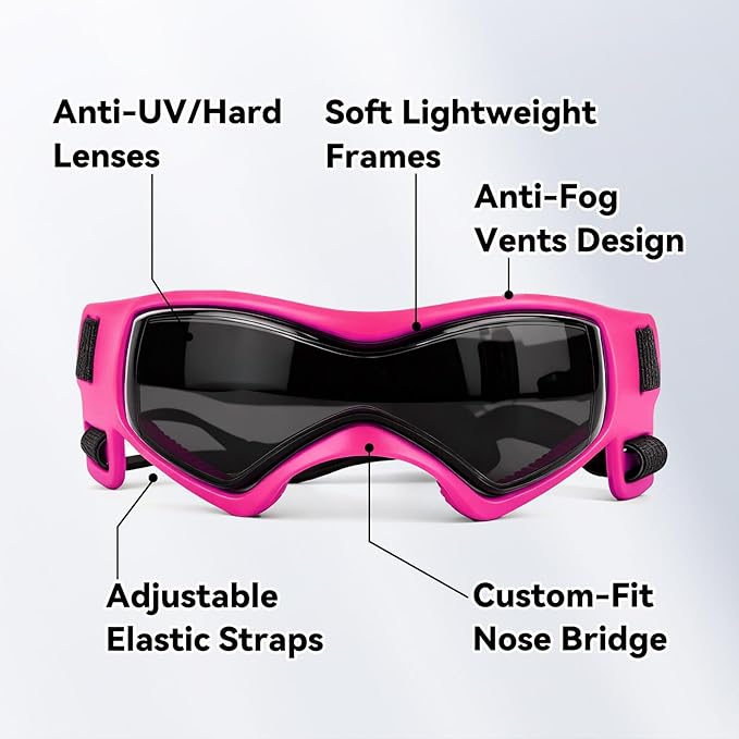 Enjoying Dog Sunglasses Medium Breed, Dog Goggles UV Protection, Cycling Eye Protection for Medium-Small Dogs, Outdoors Breathable Windproof Dustproof Anti-Fog, Adjustable Straps, Cool Pink