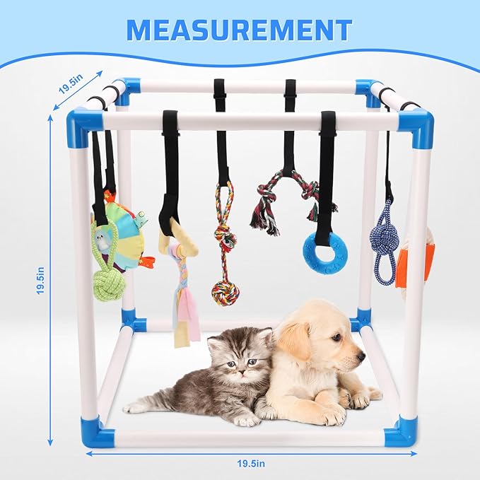 Puppy Play Gym with 8 Hanging Interactive Toys, Indoor Jungle Gym for Small Dogs & Puppies 0-6 Months, Adjustable PVC Frame, Teething Chew Toys for Mental Stimulation & Boredom Relief