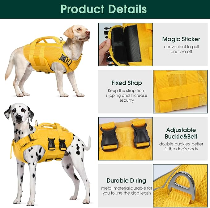 Kuoser Dog Life Jacket High Flotation, Reflective Dogs Life Vest for Swimming Boating, Adjustable Small Medium Large Dog lifejacket, Lightweight Dogs Life Preserver Rescue Handle Spring Summer Pool