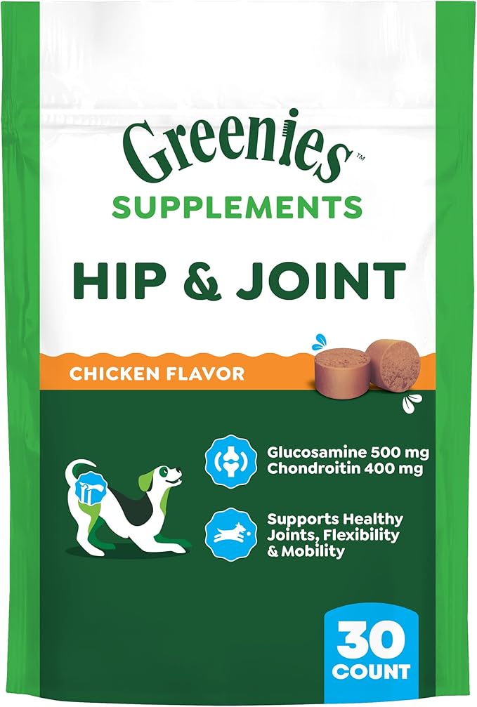 Greenies Supplements Hip and Joint Supplements for Dogs, with Chondroitin & Glucosamine for Dogs, Chicken Flavor, 6.08 oz. Pouch, 30 Count