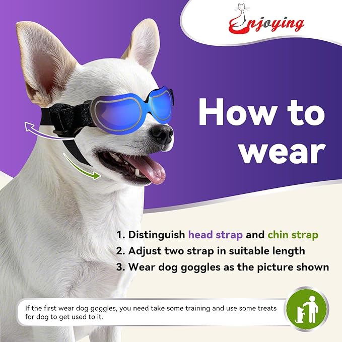 Enjoying Dog Sunglasses Small Breed, Dog Goggles UV Protection, Cycling Eye Protection for Small Dogs, Lightweight Windproof Dustproof Anti-Fog, Adjustable Straps, Bright Blue