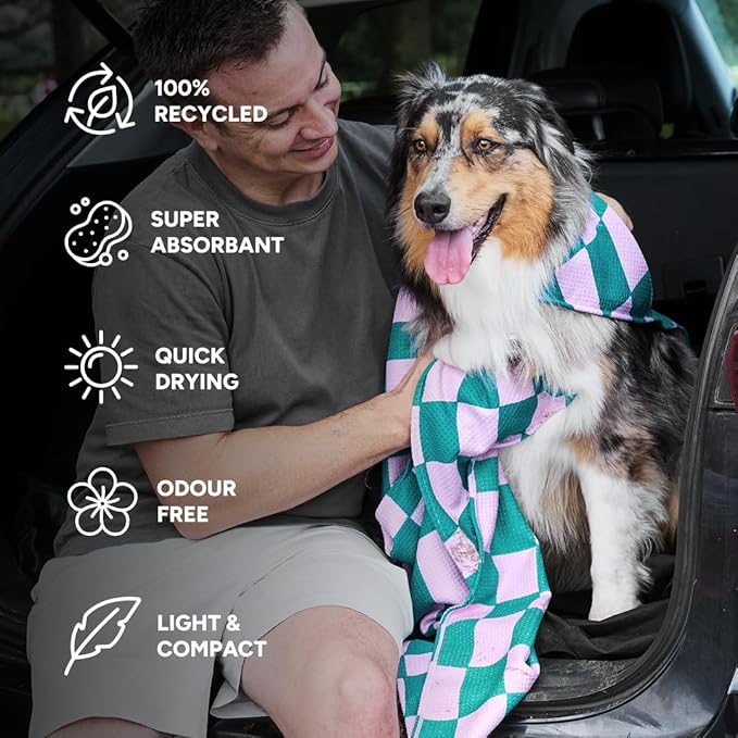 Dock & Bay Pet Towel - Super Absorbent & Quick Drying Dog Towels with Bag - 100% Recycled - Check Mutt, Medium (90x50cm, 35x19)